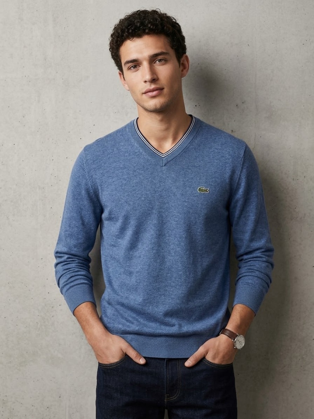 NWT Lacoste Mens V-Neck Sweater Size XL Blue 100% Cotton Long Sleeve Logo AH7003